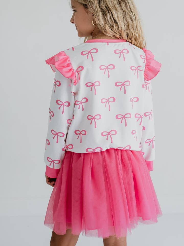 Adorable Sweetness - Wholesale Top & Skirt Set - Kids - Girls White & Hot Pink Coquette Bow and Tulle Skirt Set5