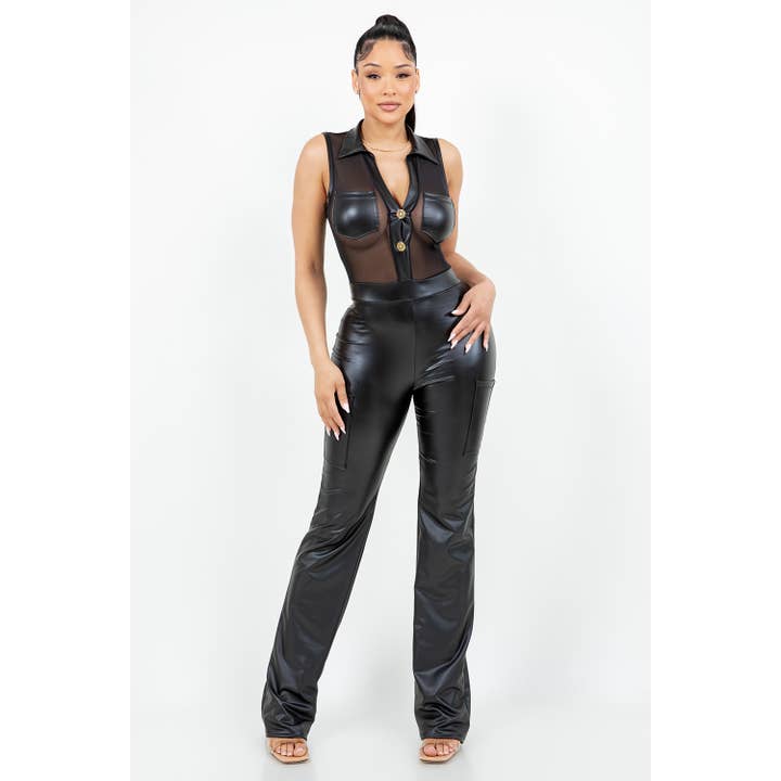 J7959 FAUX LEATHER JUMPSUIT WITH POCKETS AND MESH CONTRAST for wholesale by Uptown Apparel