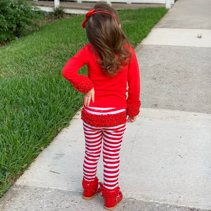 AnnLoren – Großhandel Fashion-Leggings – Kinder – AnnLoren Leggings mit Rüschenärmeln für Mädchen, rot gestreift4