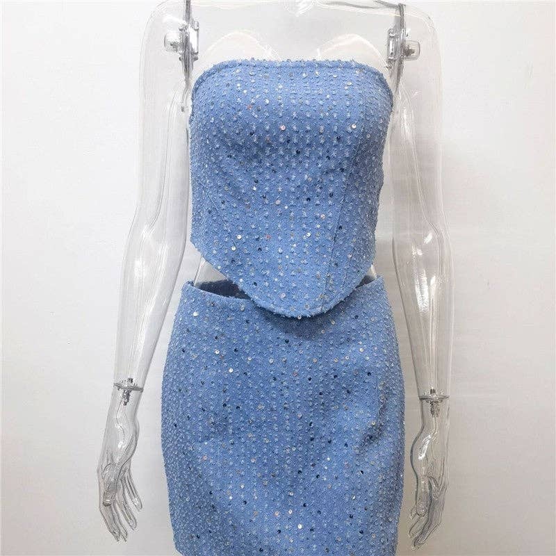 FurDecoration - Wholesale Top & Skirt Set - Women's - Fashionable Denim Ripped Sequin Mini Skirt Bandeau Set6