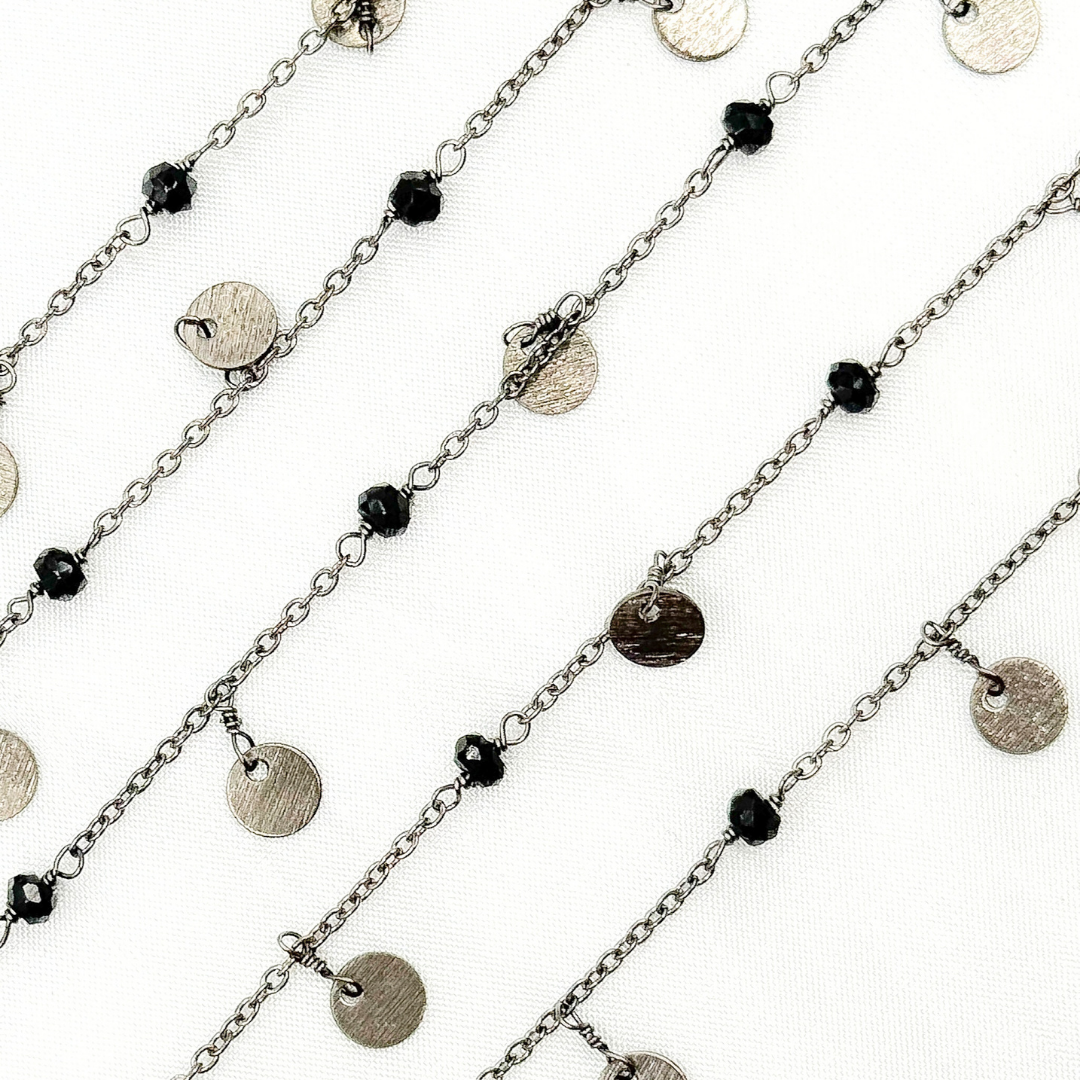 Jewels & Chains - Wholesale Link & Chain Necklace - Black Spinel & Dangle Disc Oxidized Wire Chain. BSP313