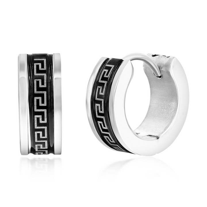 Stainless Steel 13mm Greek Key Hoop Earrings for wholesale by Metallo