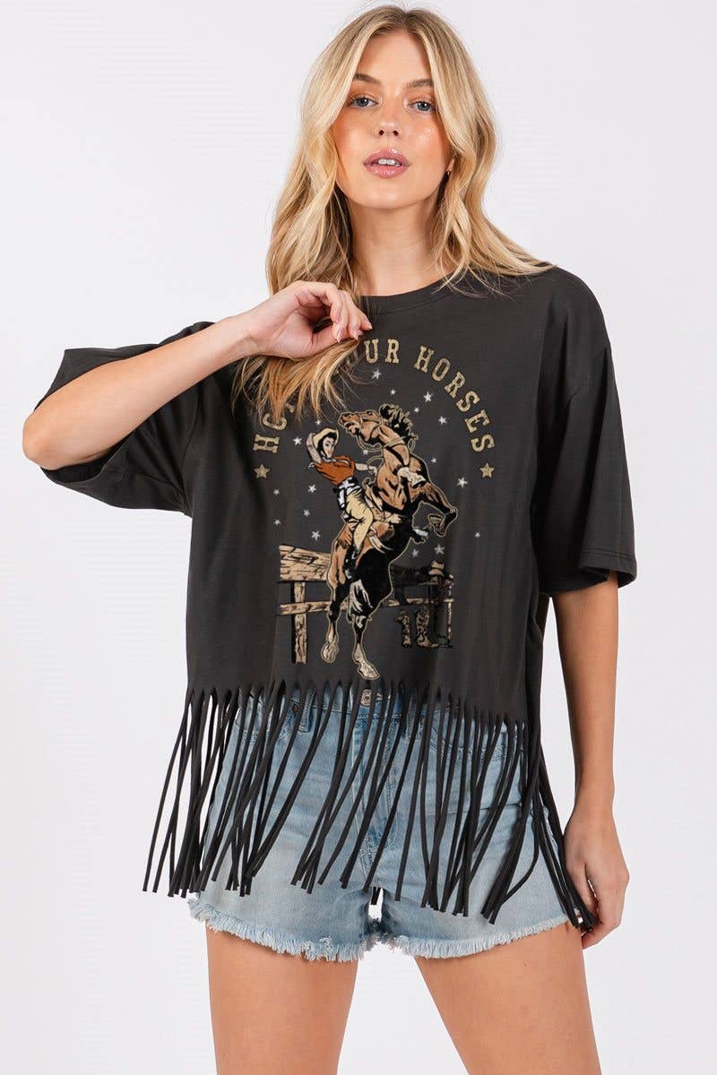 Zutter - Wholesale Screen Printed T-Shirt - Women's - Hold Your Horses Cowgirl Graphic S/S Fringe Tee2