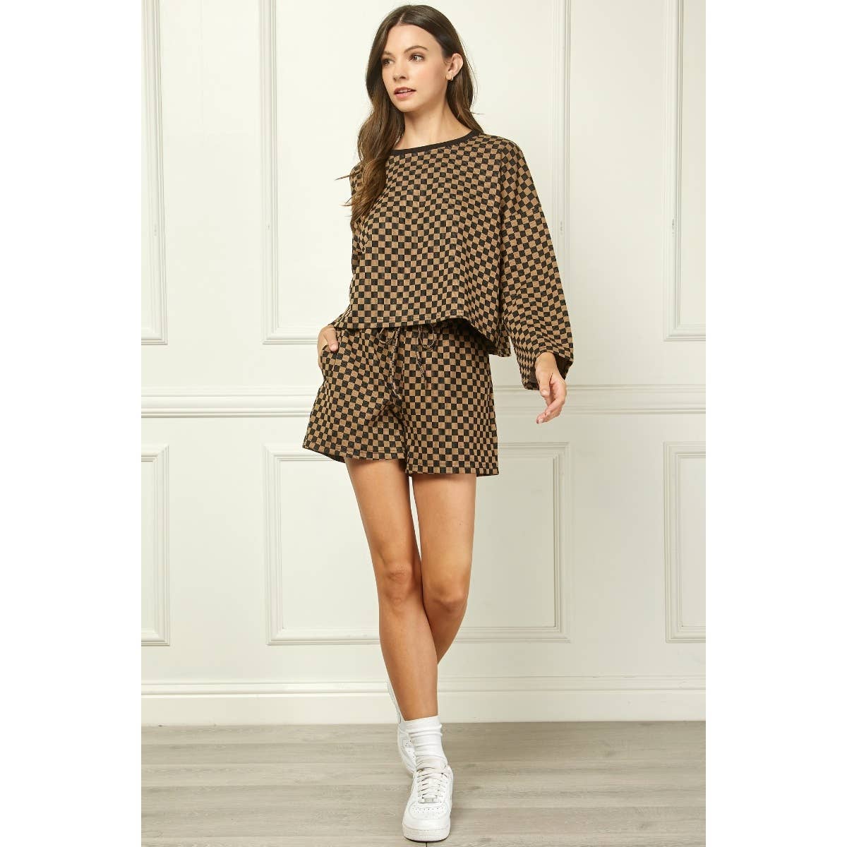 Veveret - Vente Short – femme - Short à cordon en jersey à carreaux 17