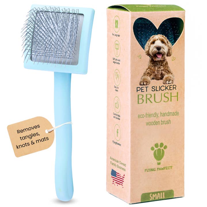 Pet Slicker Brush for Dogs and Cats, Curved Small Blue for wholesale by Flying Pawfect