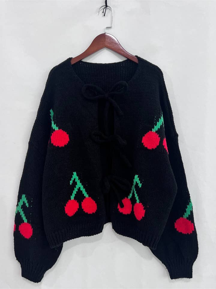 HIDDENBRAND - Wholesale Cardigan - Women's - Cherry Embroidered Jacquard Lace-Up Knitted Cardigan