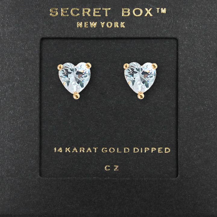 SECRET BOX_14K Gold Dipped CZ Heart Stone Stud Earrings for wholesale by Sensibling Corp.