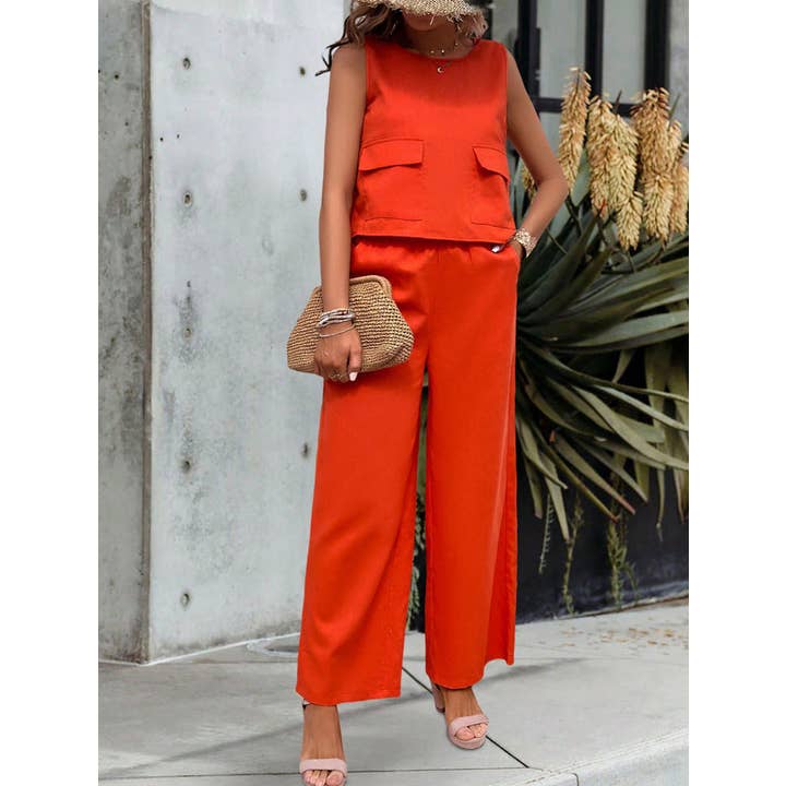 Satin Feel Sleeveless Pocketed Blouse and Wide Leg Pants for wholesale by L Michele