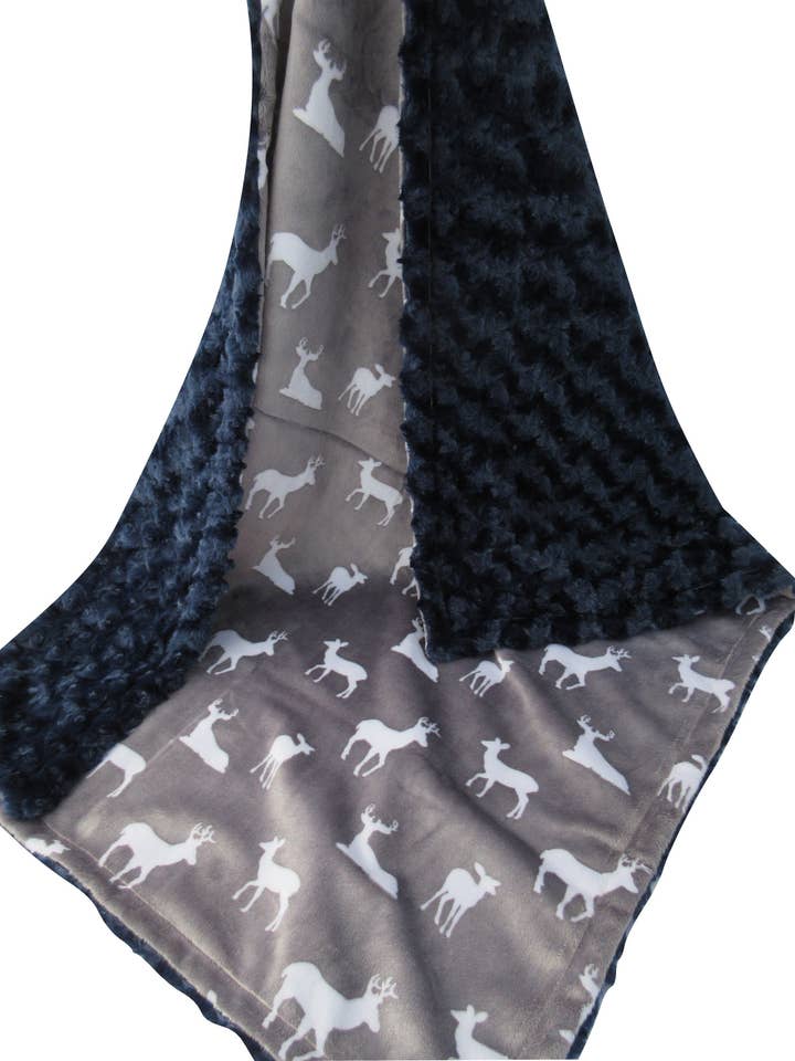 Navy Rose Swirl & Silver Gray Deer Minky Blanket for wholesale by Minkee Baby Gifts