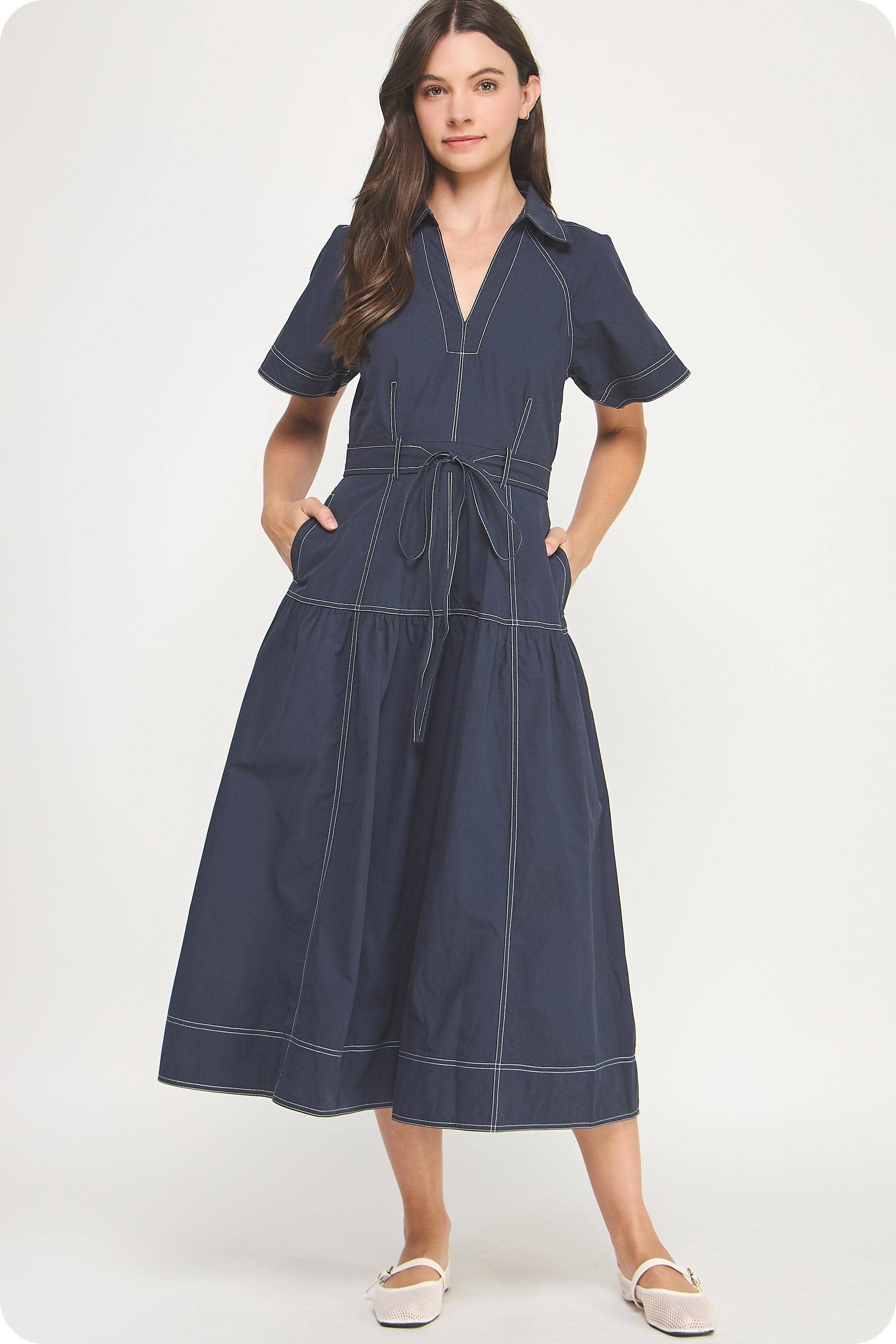 Strut & Bolt - Vente Robe – femme - Robe midi en popeline à col surpiqué4
