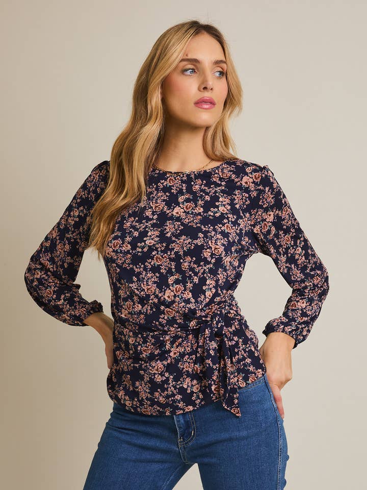 ROUND NECK LONG SLEEVE WAIST TIE DITSY TOP for wholesale on Faire0