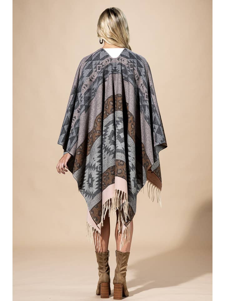 Urbanista - Wholesale Poncho – Women's - Aztec Leopard Pattern Fringe Ruana 7