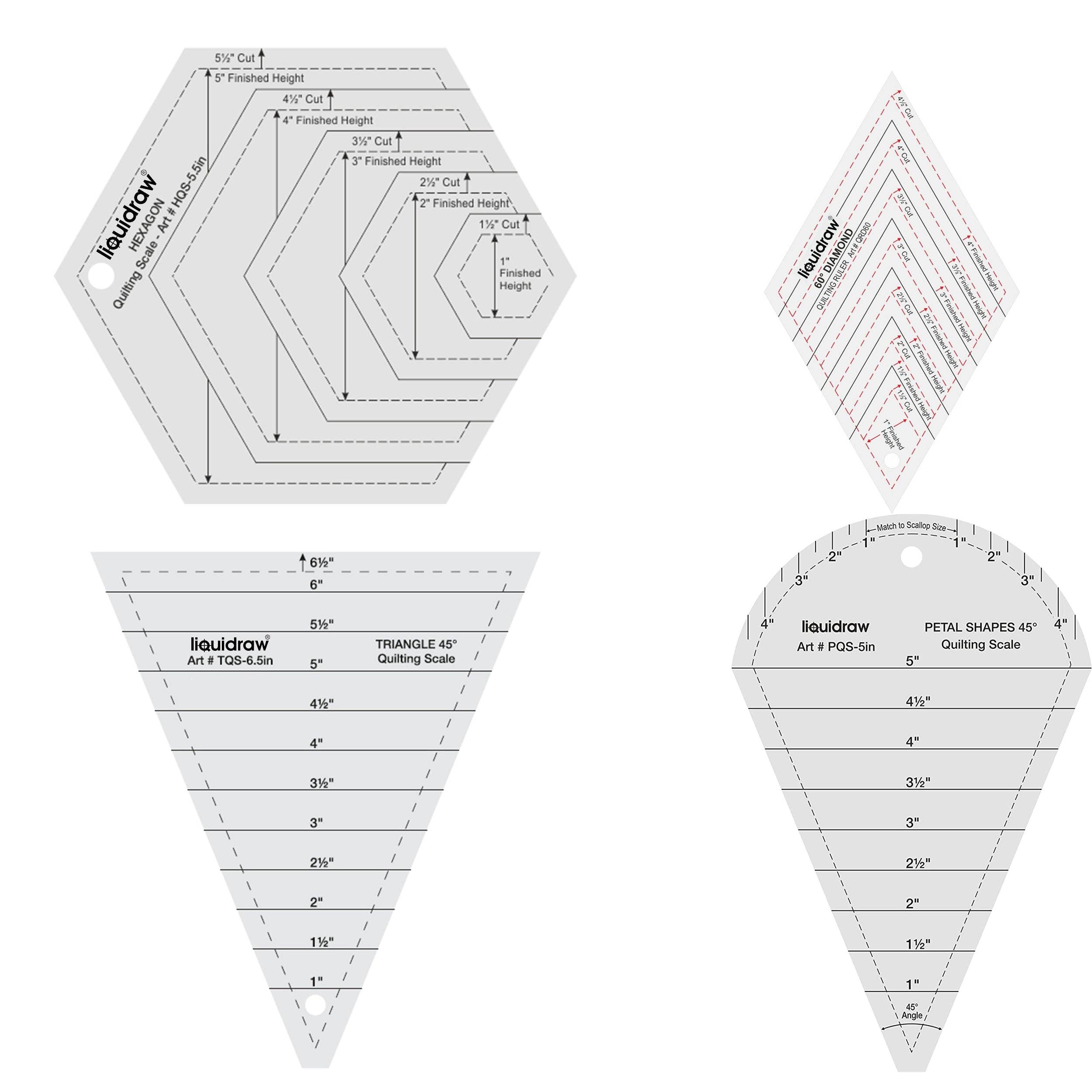 Liquidraw – wholesale Craft tool – Liquidraw Quilting Templates & Rulers for Patchwork Acrylic Stencils Quilting Sewing Ruler Set of 4 Hexagon, Triangle, Petal & Diamond Shapes0
