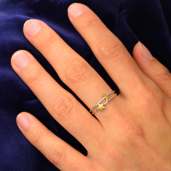 Nina Designs - Wholesale Band/Stacked Ring - Sterling Silver Ring Set - Tiny Bronze Moon and Star