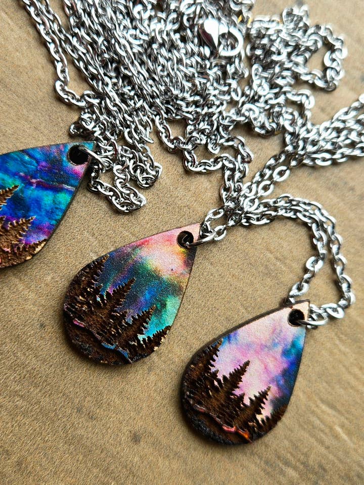 Watercolor Pine Tree Forest Pendant Necklace for wholesale by Mabel's Way