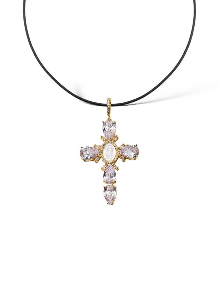 Virgin Cross Black Rope Necklace for wholesale by MABEL LOVE CO