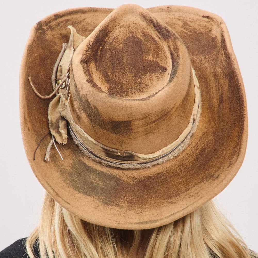 Sensibling Corp. - Wholesale Cowboy Hat - Women's - Vintage Feather Accent Distressed Fabric Bow Band Rustic Cowgirl Western Fedora Hat2