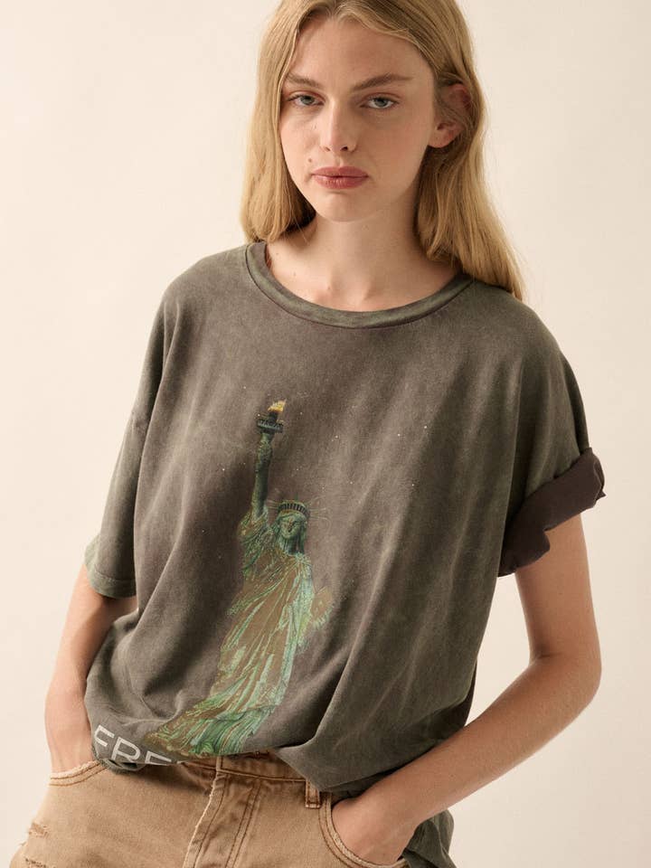 Freedom Statue of Liberty Vintage-Wash Graphic Tee for wholesale by Vintage Canvas