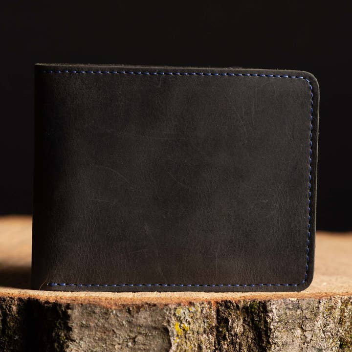The Poseidon Wallet - Black Full-Grain Leather Wallet with Blue Stitching for wholesale by NAB LEATHER