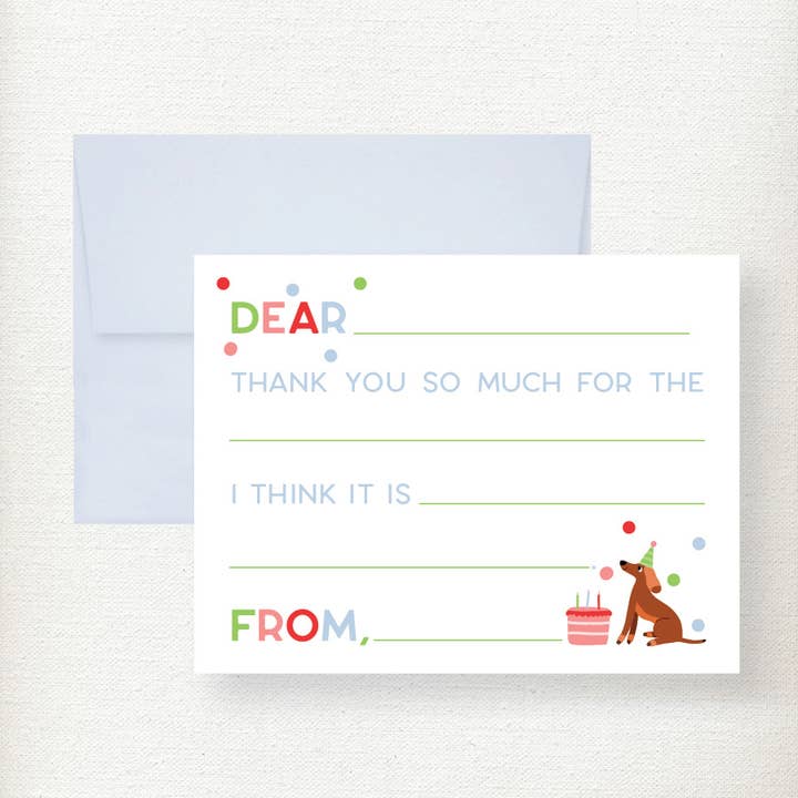 Kids Polka Dot Dog Fill in Thank You Note Card for wholesale by Kramer Drive