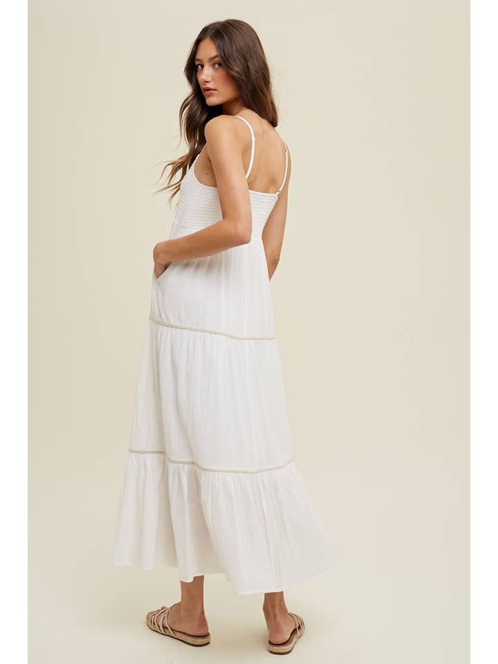 IVORY SMOCKED MAXI DRESS WITH TRIM DETAIL / WL23-8206 for wholesale on Faire