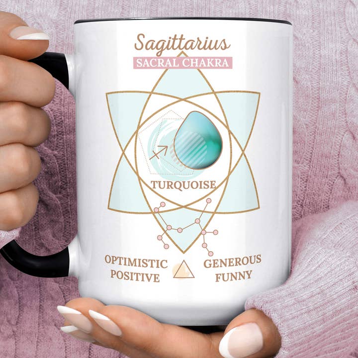 Sagittarius Traits Zodiac Coffee Mug-Turquoise Sacral Chakra for wholesale by Foxy Mug