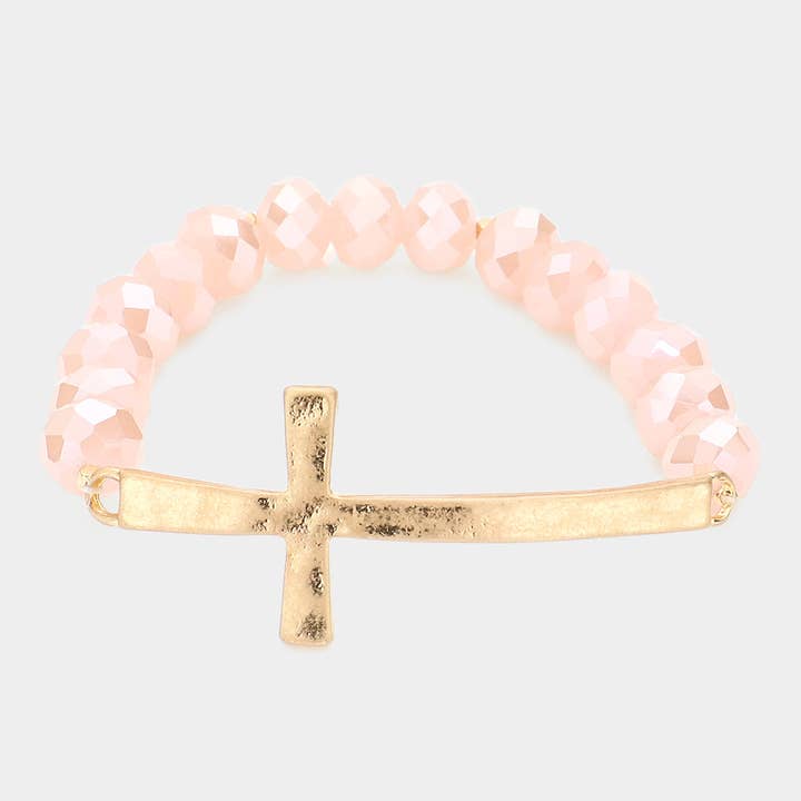 Hammered Metal Cross Accented Faceted Beads Stretch Bracelet for wholesale by Sensibling Corp.