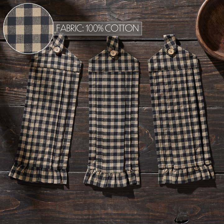 VHC Brands - Wholesale Tea Towel - Black Check Button Loop Tea Towel Set of 34
