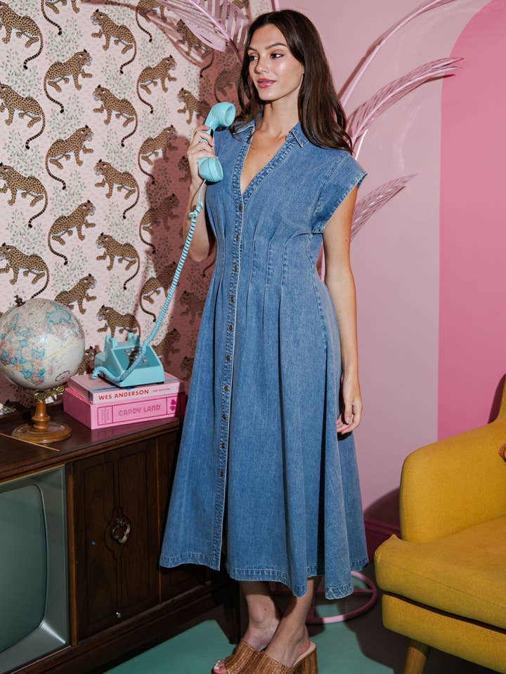 Vintage indigo Denim Maxi A-Line Shirt Dress for wholesale on Faire6