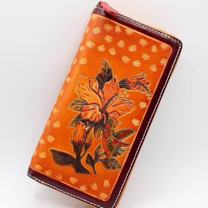 Xlw31 leather flower wallet hummingbird with flower for wholesale by Sunflower Handmade leather inc