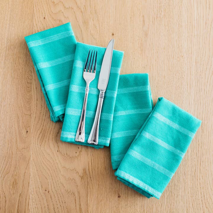 Hand-Loomed Cotton Napkins, Set of 4: Turquoise Stripes for wholesale by Amsha