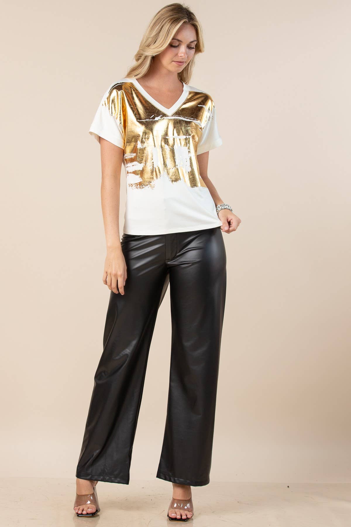 Nylon Apparel - Wholesale Blouse - Women's - T1639-Carmella-Solid Foil  V Neck Short Sleeves Top10