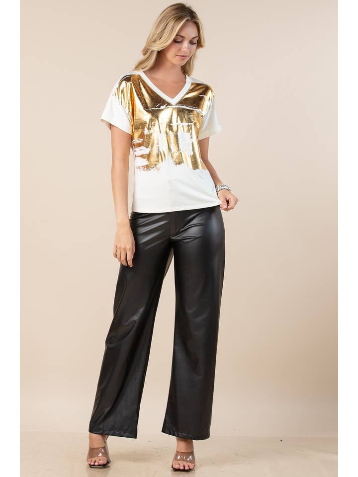 Nylon Apparel - Wholesale Blouse - Women's - T1639-Carmella-Solid Foil V Neck Short Sleeves Top10