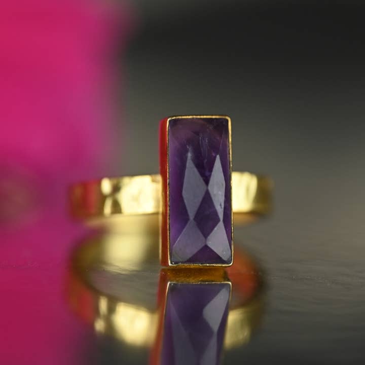 KBD Studio - Wholesale Cocktail/Statement Ring - Amethyst Rectangle Ring on a Hand Hammered Golden Band3