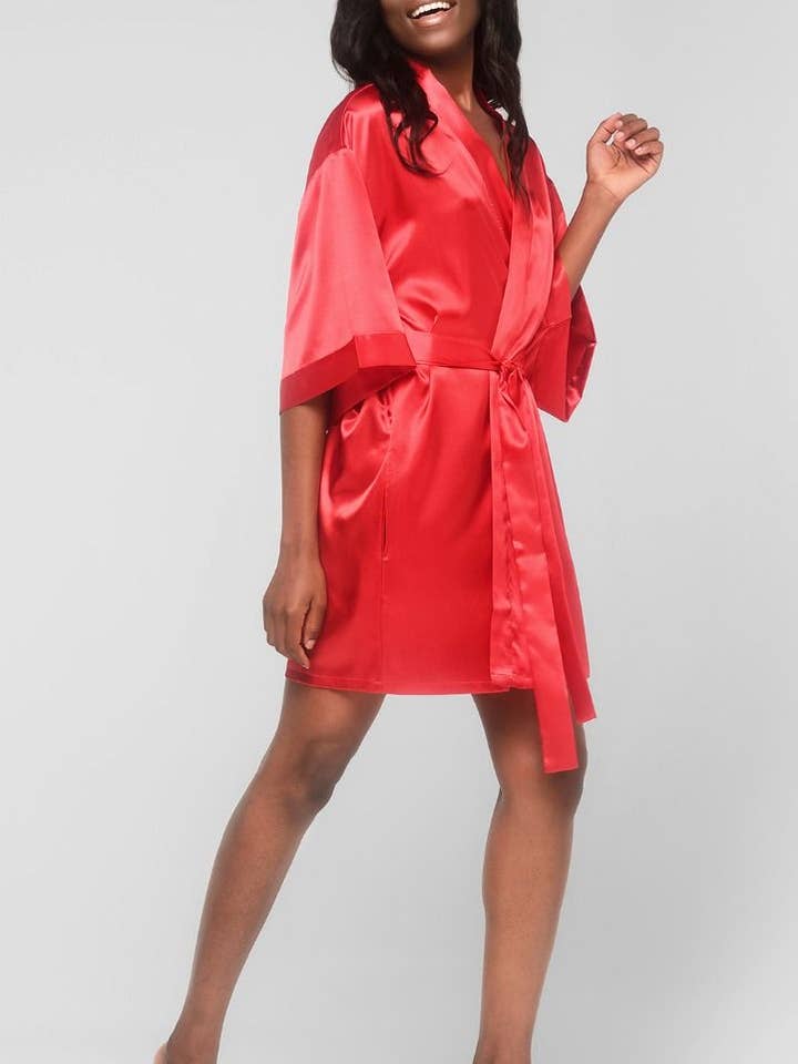 LM Brands Red Satin Kimono Short Robe LM9060-Red for wholesale by Lingerie Mart