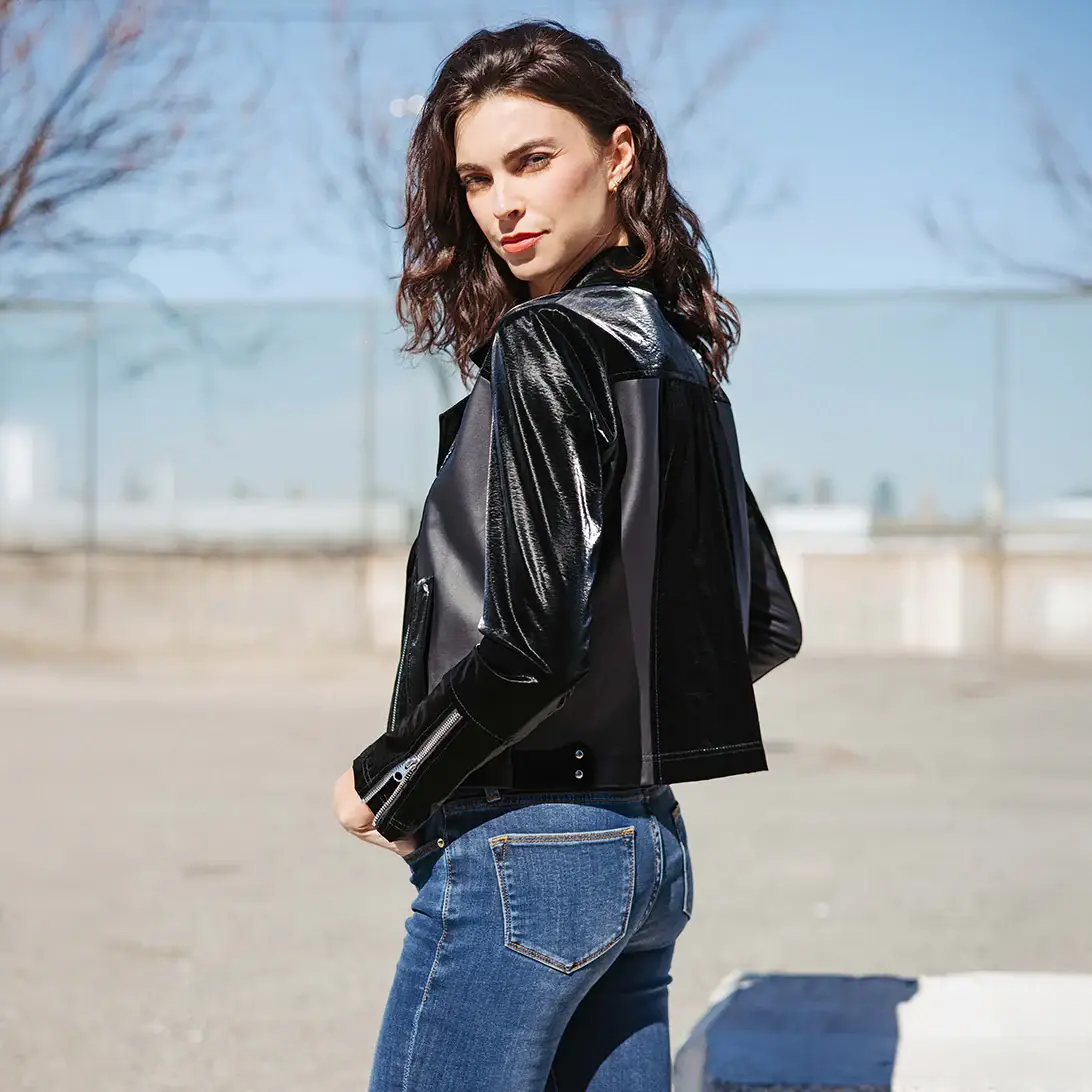 Clara Sunwoo - Wholesale Leather Jacket - Women's - JK225H -Vinyl, Liquid Leather ™ Panel Zip Cuff Pocket Jacket3