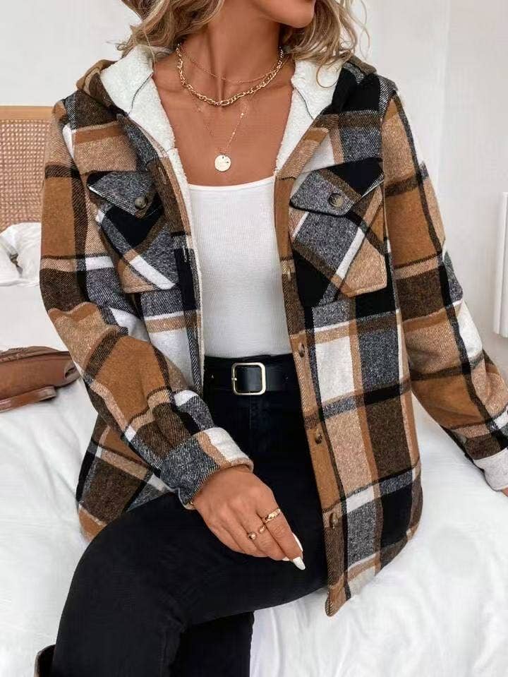 Brown Retro Plaid Fleece Casual Hooded Warm Jacket for wholesale on Faire2
