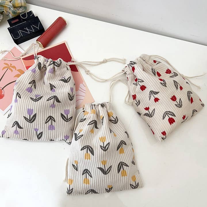 Funkyrel® Atzbranding Limited - Wholesale Pouch - Women's - Cosbai - Floral Corduroy Drawstring Pouch