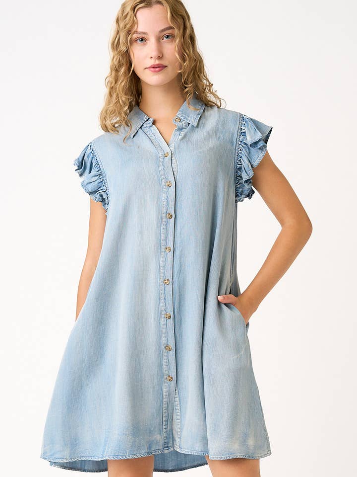 VASKET CHAMBRAY FLÆSEÆRMET MINIKJOLE MED KNAPPER for engroshandel hos mittoshop