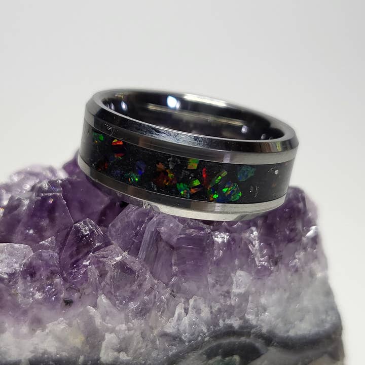Tungsten Ring Ember & Dragon Scale Opal, Meteorite Shavings, UV Glow Powder for wholesale by Natural Evolution Design