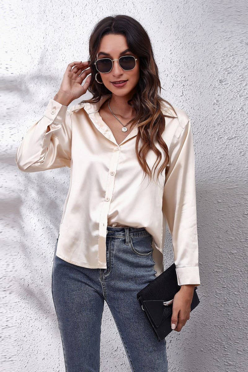 NINEXIS - Wholesale Button Down Shirt - Women's - CWTBLL0691_Button Down Silky Satin Long Sleeve Top10