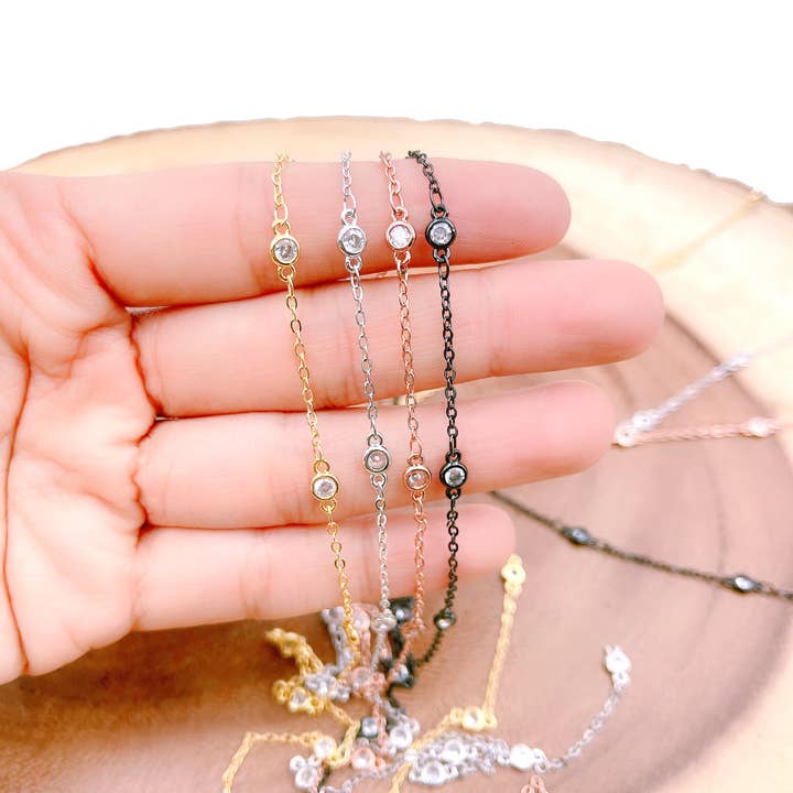Beads Creation - Wholesale Link & Chain Necklace - Diamond by Yard Round CZ Bezel Chain, Link & Chain Necklace