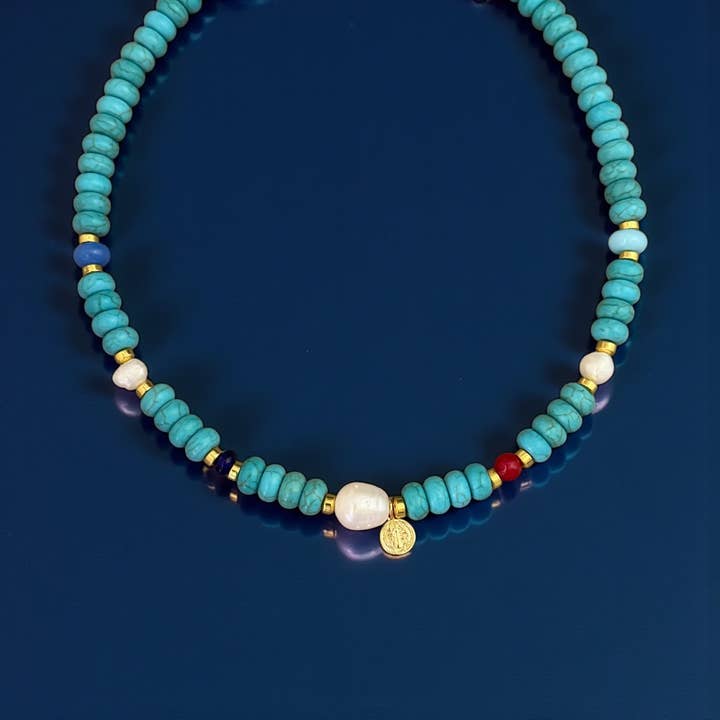 Turquoise Protection Saint Benedict Necklace for wholesale by Georgina Nicol