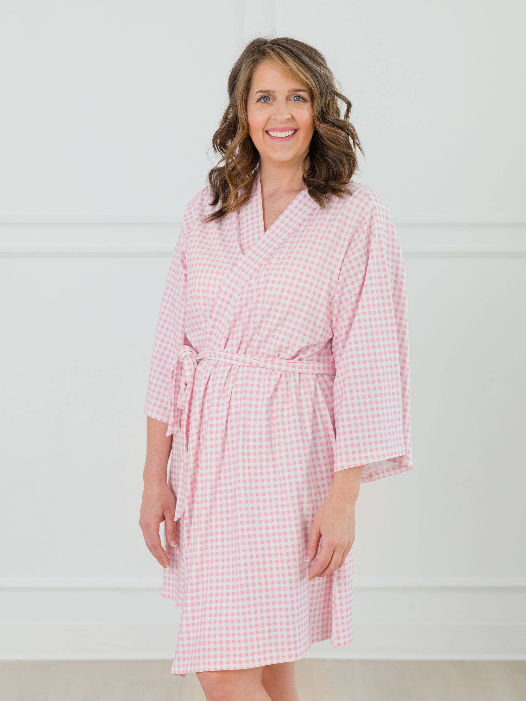 SoftSnooze™ Women's Cotton Modal Pink Gingham Mommy & Me Maternity Robe for wholesale on Faire2