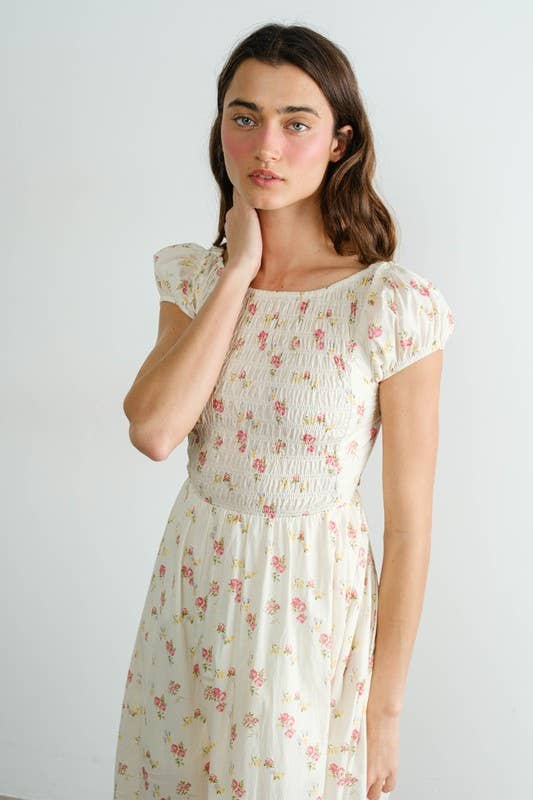 Cream MD2220 Floral Smocked Top Piecing Maxi Dress
 for wholesale on Faire7