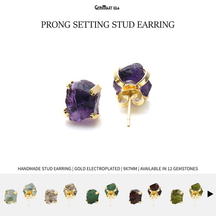 Natural Rough Gemstone 9x7mm Gold Prong Setting Stud Earring for wholesale by GemMartUSA