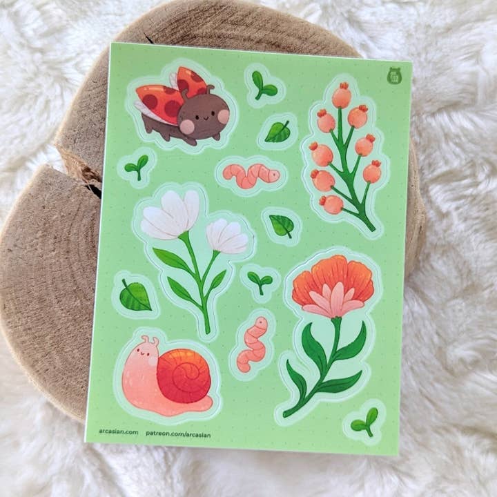 Springtime Friends Waterproof Sticker Sheet for wholesale by Arcasian