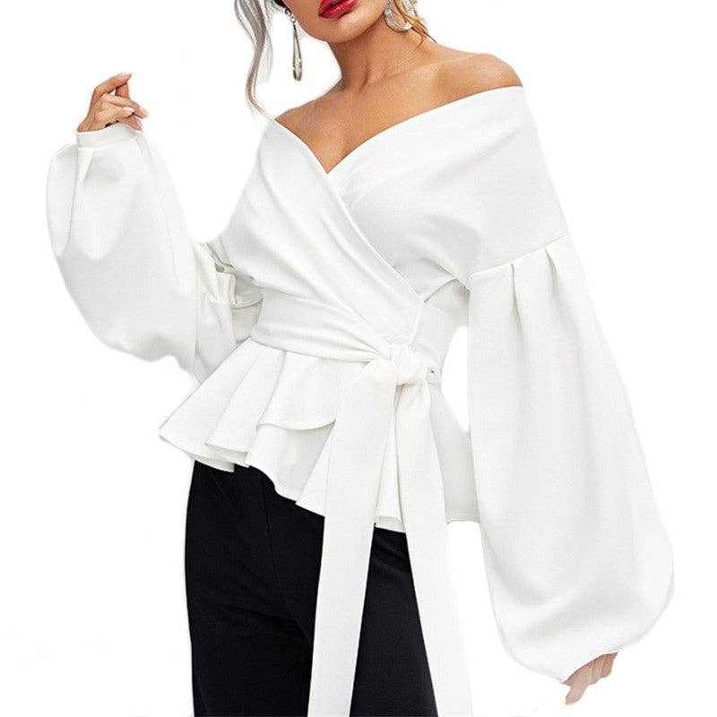 FurDecoration - Wholesale Blouse - Women's - Solid Color Off-Shoulder Lantern Sleeve Bow-Tie Waist Shirt4