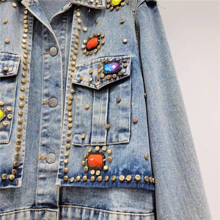 Blå JK036 Denimjakke med elegante ædelsten - alsidig mode for engroshandel på Faire3