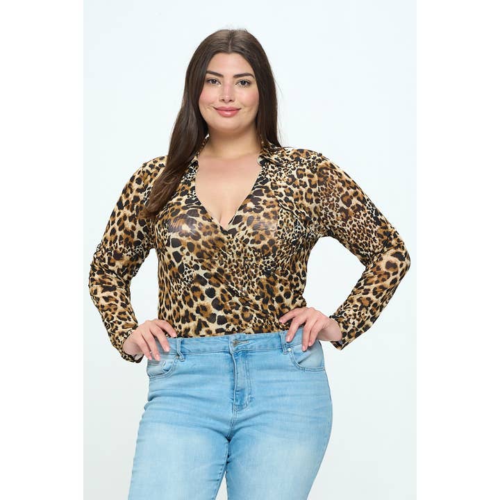 PLUS STORLEK MESH LEOPARDTRYCK SURPLICE KRAGE BODYSUIT för wholesale av Curve Market